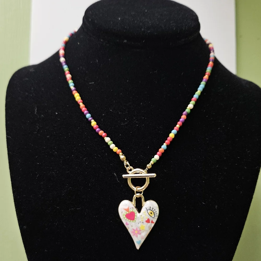 SOLD OUT Enamel Heart Multi-color Beaded Necklace - Picture 5 of 9